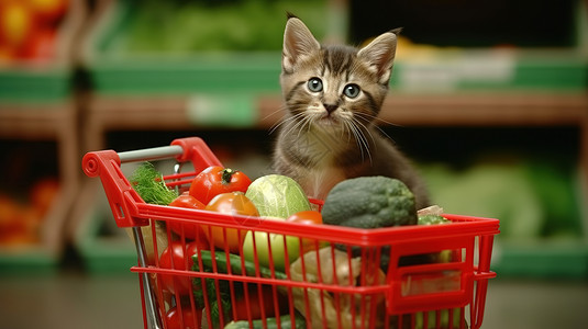 宠物超市坐在购物车里的小猫插画