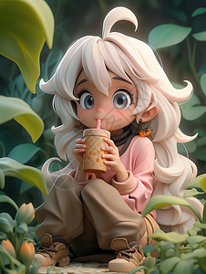 蹲着喝奶茶的可爱少女图片
