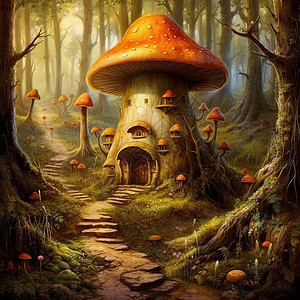 梦幻蘑菇房场景背景图片