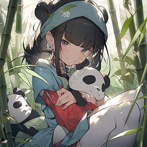 熊猫公仔抱着可爱公仔的可爱少女插画