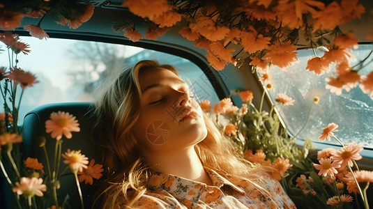 在车里素材少女躺在都是花的车里插画