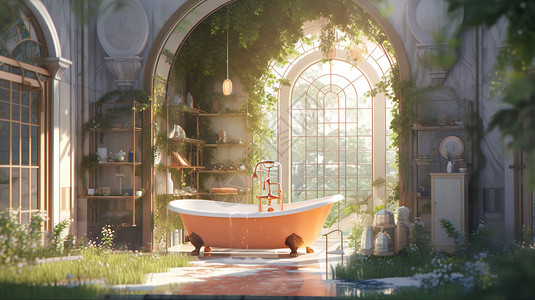 阳光下梦幻的欧式浴室背景图片