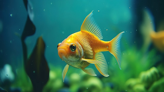 黄金扇尾鱼海底游泳的热带鱼插画