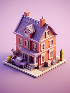 紫色楼房建筑3D模型楼房插画