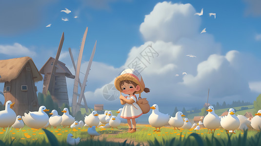 卡通风小女孩在农场与鹅玩耍图片