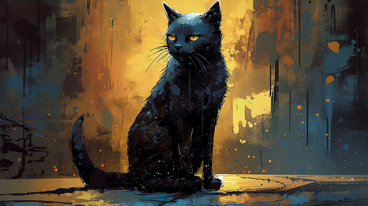 水彩绘画黑猫背景图片