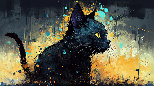 黑猫水彩绘画背景图片