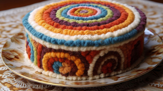 编织盘子在盘子里的大蛋糕手工毛线作品插画