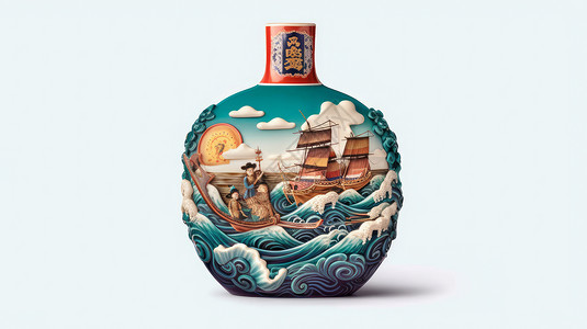 立体海浪与帆船瓷器酒瓶背景图片