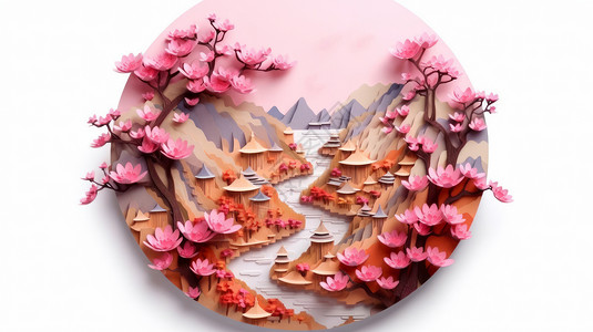 剪纸风粉色树粉色桃花山水风景全景剪纸风卡通插画