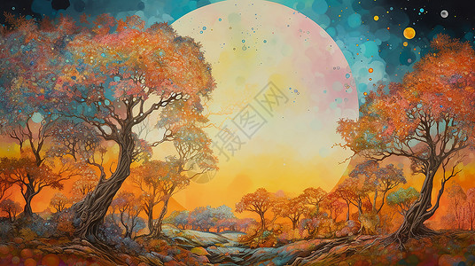 厚涂彩色树木绘画背景图片