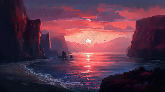 染红的夕阳染红海岸插画