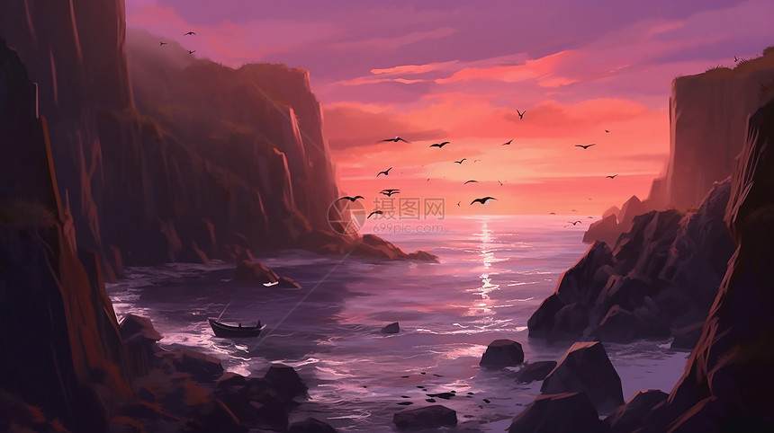 夕阳染红海岸图片