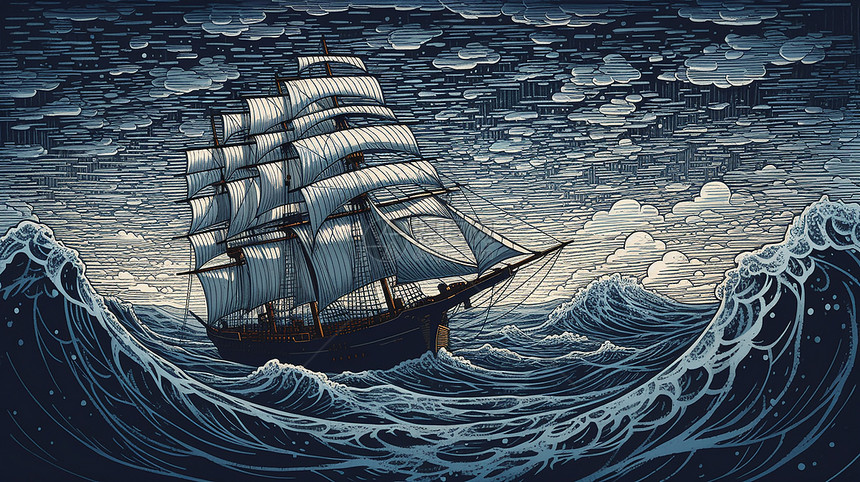 古代木船航行在浪尖图片