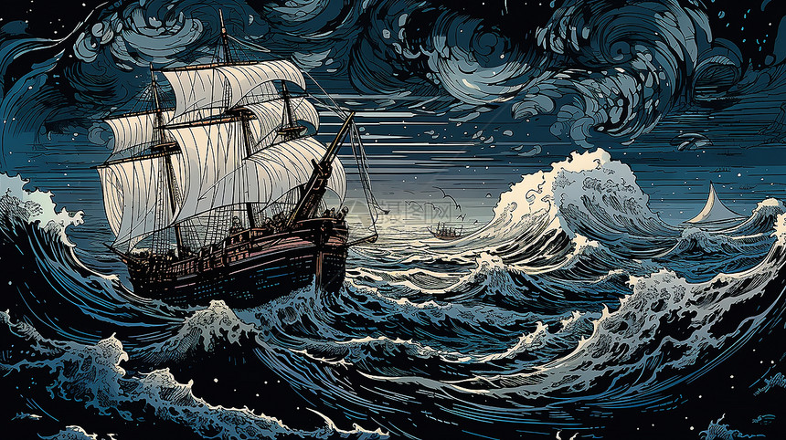 古代木船航行在浪尖图片