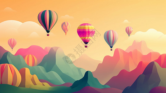 热气球飞在山川河流上空背景图片