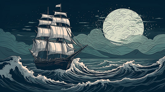 海上大船夜晚大船航行在海上插画