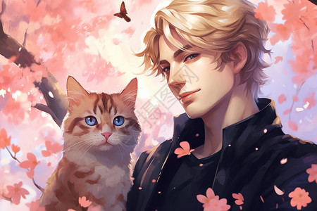 樱花树下抱着黑猫的帅气男子图片