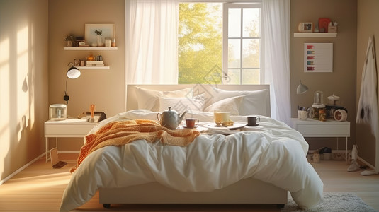 ins风装修温馨的卧室白色大床上放着茶具插画