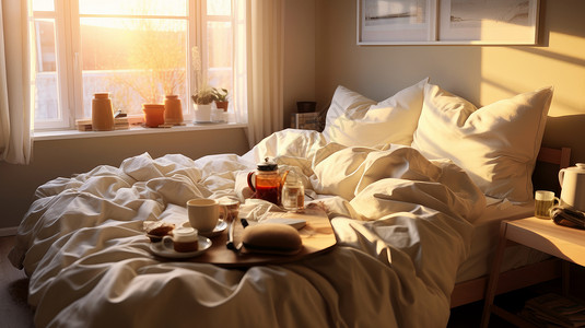 白色慵懒的大床托盘上放着美食茶具背景图片