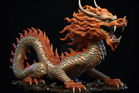 中国风雕刻精细中国龙雕刻模型插画