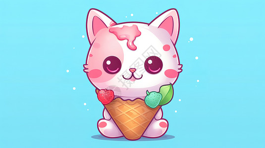 抱着冰淇淋的可爱猫咪卡通插图图片