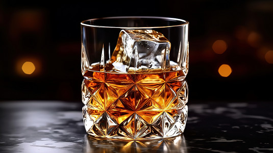 3d酒的素材一杯加冰的威士忌3D插图插画