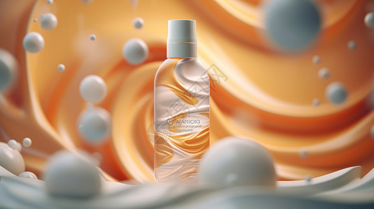 3D水珠梦幻的背景前一支立体时尚护肤品瓶插画