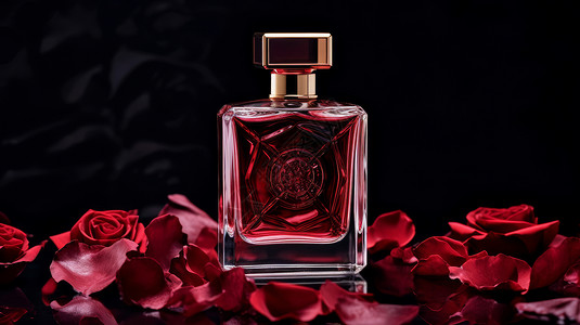 瓶中的玫瑰红色花瓣中时尚简约透明玻璃香水瓶插画