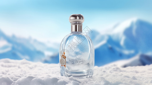 复古欧式背景在雪中的透明玻璃瓶香水插画