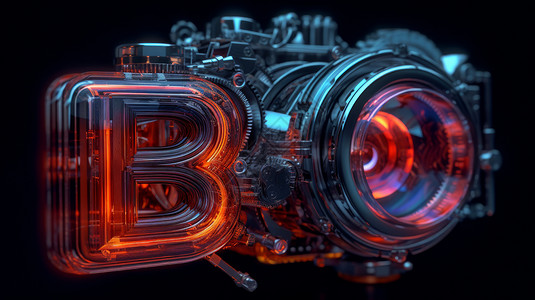 科幻机械感字母B与相机镜头背景图片