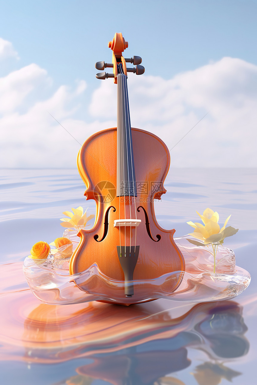 小提琴在透明的水里图片