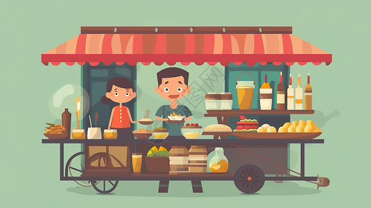 售货车制作美食的小贩卡通插图插画