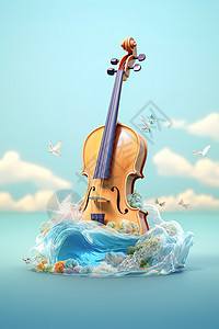 一把小提琴小提琴在浪花中插画