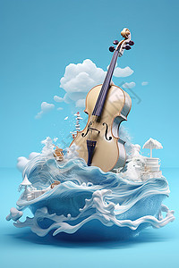 小提琴在海上的波浪上图片