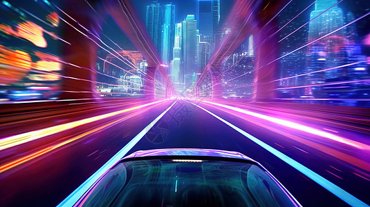 光电子行驶在霓虹灯光上的汽车插画