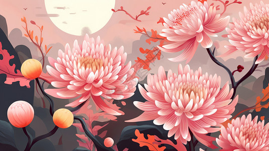 弥散风中秋防疫专题海报秋天超大的月亮与粉色菊花平面风插画