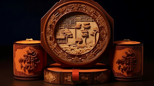 中式雕刻精美复古雕刻木制月饼礼盒插画