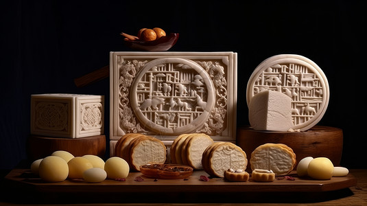 中式雕刻各种口味的糕点与雕刻精美的白色礼盒插画