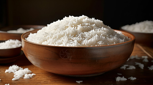 饭桌上木碗中装满白色米饭插画