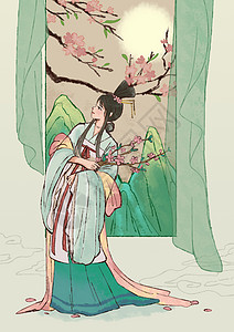 水墨风抱着桃花的少女图片