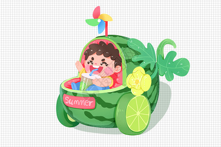 西瓜车手绘可爱二十四节气西瓜婴儿车喝果茶小男孩插画
