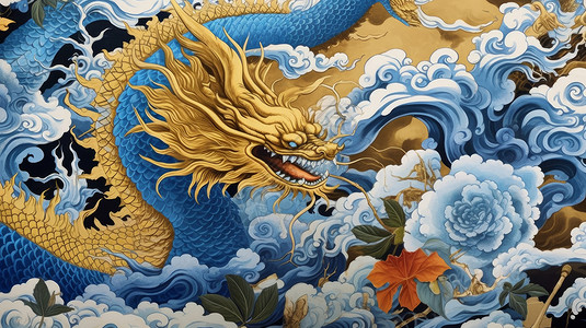 蓝色巨龙中国风飞舞在蓝色牡丹与海浪中背景图片