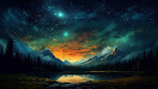 全景星空星空下美丽的雪山与湖泊风景全景插画