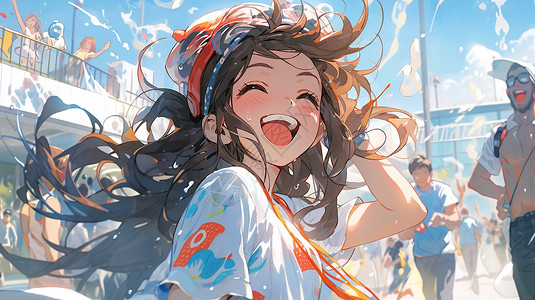 夏日快乐泼水的女孩背景图片