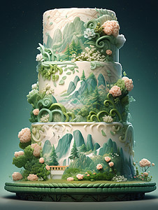 翻糖蛋糕三层中国山水的蛋糕插画