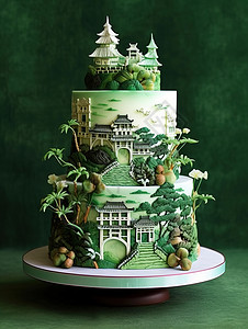 中国山水亭子蛋糕背景图片