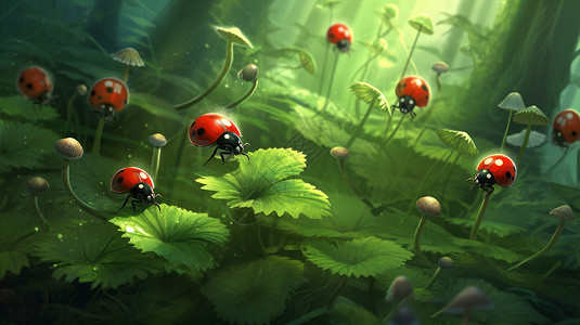 七星瓢虫森林好多红色的小七星瓢虫飞在森林间插画