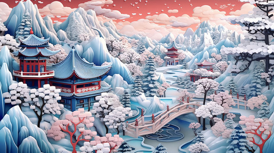 雪山全景在山川河流间优雅的古风建筑风景全景剪纸风插画