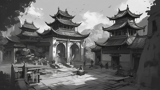 中式黑白古建筑绘画图片